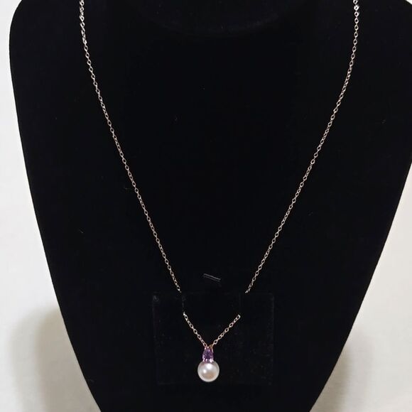 18k Rose Gold Plated Sterling and Freshwater Pearl Necklace - Picture 4 of 8